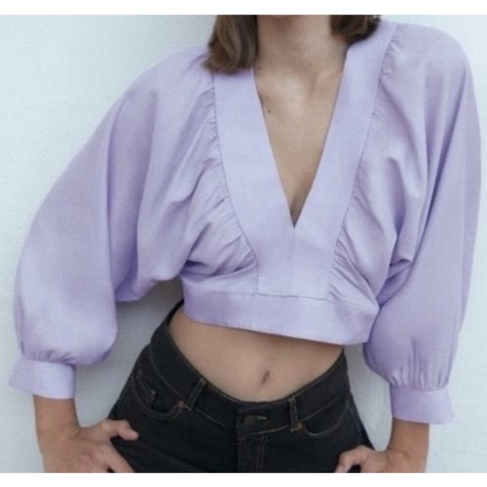 Zara Purple Crop Top Plunging Deep V-Neck Crop Puff Sleeve Coquette Size‎ XS NWT